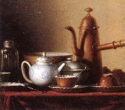 unknow artist Still life of a chocolate pot,teapot,sucrier,bowl,teajar,tea cups and saucers,and silver spoons,all upon a draped table top Spain oil painting artist